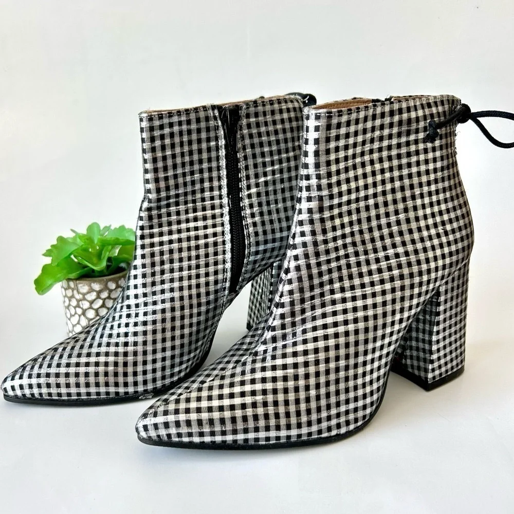 Anthropologie Metallic Check Pointed Toe Ankle Boot Silver Black Block Heel 36 - Picture 4 of 11